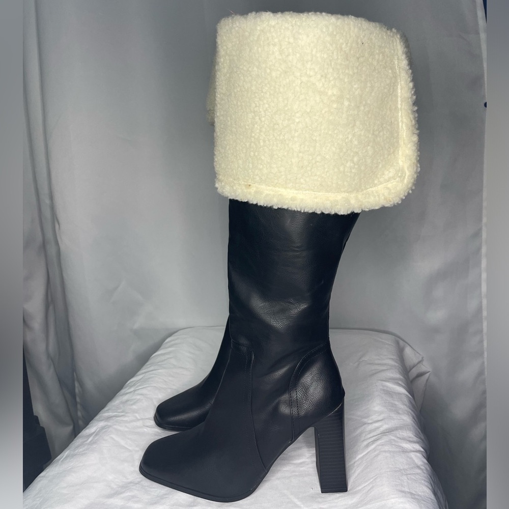 Shoedazzle Mid-calf faux leather Sherpa cuff heeled boots